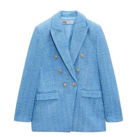 Zara Jackets & Blazers - 💙🦋Zara Blue Tweed Long Fitted Double Breasted Blazer Size Small🦋💙